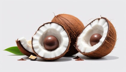Obraz premium Keto chocolate-filled coconuts with coconut meat and leaves on a light background