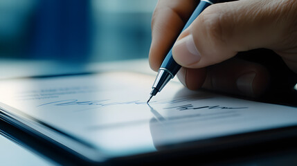 A close up of a hand signing an online business contract