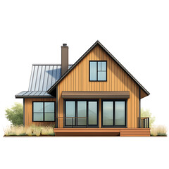 Modern wooden house design with large windows and a welcoming porch in a serene natural setting