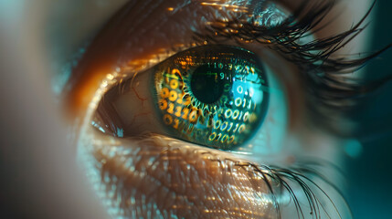 A close-up of a human eye reflecting binary code