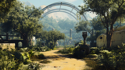 A human settlement in a lush biodome environment on a distant planet with alien flora and advanced technology integrated into nature.