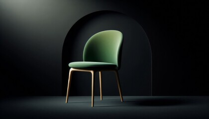Modern green chair on black background. Minimalistic studio furniture photography
