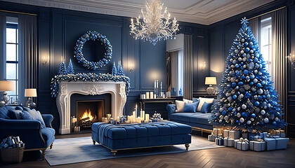 Living room decorated for Christmas with blue theme Christmas tree, fireplace and sofa. Christmas image. Card design.青色のテーマのクリスマスツリーと暖炉とソファーのあるクリスマスの飾りをしたリビングルーム。クリスマスのイメージ。カードデザイン。