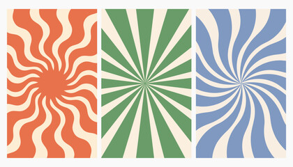 Set of groovy retro backgrounds. Vertical posters with swirl. Trendy vector backgrounds in retro psychedelic style
