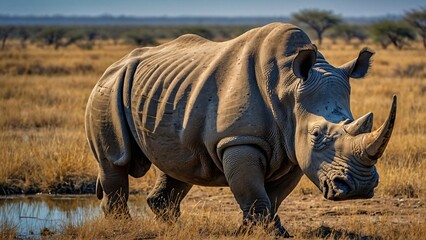 Fototapeta premium one rhinoceros on the grassland on a sunny day
