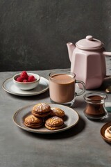Plate of cookies sits on a table next to a mug of hot chocolate