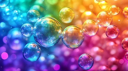 A close-up view of shimmering rainbow bubbles glistening in the sunlight, delicate reflections, floating gently against a blurred background, colorful and vibrant, photorealistic clarity,
