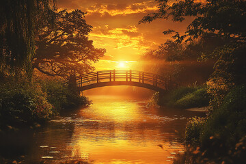 夕焼けに照らされた静かな川にかかる橋 穏やかでノスタルジックな風景 A Bridge Over a Calm River Lit by Sunset Serene and Nostalgic Scenery｜Generative AI