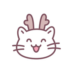 Kawaii cat icon. Hand drawn illustration of a funny white cat with deer antlers isolated on a white background. Cute Christmas sticker. Vector 10 EPS.