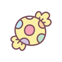 Kawaii candy icon. Hand drawn illustration of a classic candy in a yellow dotted wrapper isolated on a white background. Vector 10 EPS.
