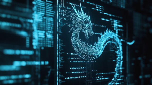 A computer screen displaying dragon code with a digital dragon, symbolizing python programming for data engineering.