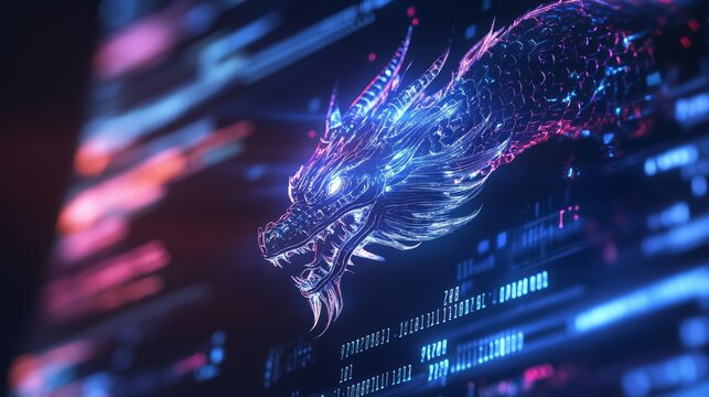 A computer screen displaying dragon code with a digital dragon, symbolizing python programming for data engineering.