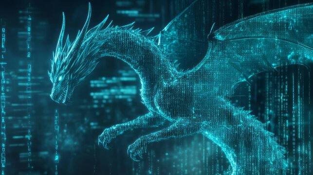 A computer screen displaying dragon code with a digital dragon, symbolizing python programming for data engineering.