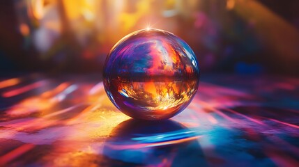 A crystal ball enveloped in a rainbow glow, the light casting colorful reflections on a dark table, moody shadows enhancing the mystical feel, photorealistic detail, cinematic quality,