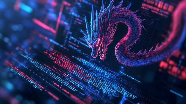A computer screen displaying dragon code with a digital dragon, symbolizing python programming for data engineering.