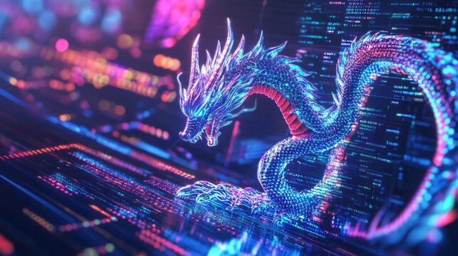 A computer screen displaying dragon code with a digital dragon, symbolizing python programming for data engineering.