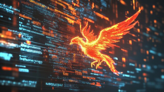 A computer screen displaying phoenix bird code with a digital phoenix bird, symbolizing python programming for data engineering.
