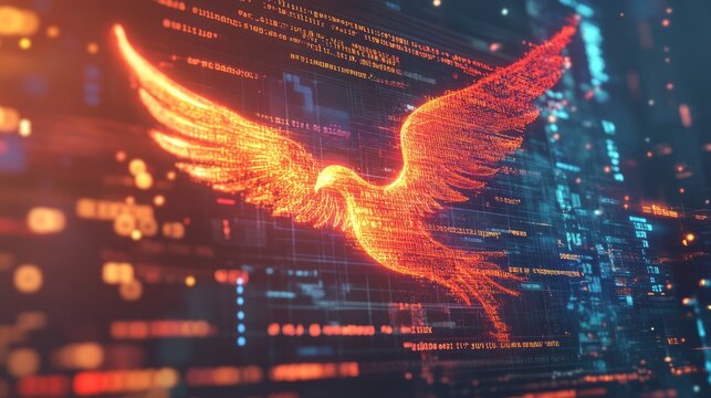 A computer screen displaying phoenix bird code with a digital phoenix bird, symbolizing python programming for data engineering.