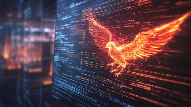 A computer screen displaying phoenix bird code with a digital phoenix bird, symbolizing python programming for data engineering.