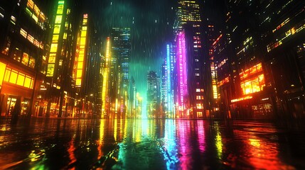 Fototapeta premium A dynamic city of the future, illuminated by rainbow-hued neon lights, skyscrapers glowing in vibrant colors, rain-soaked streets reflecting the electric hues, photorealistic detail, vivid and bright,
