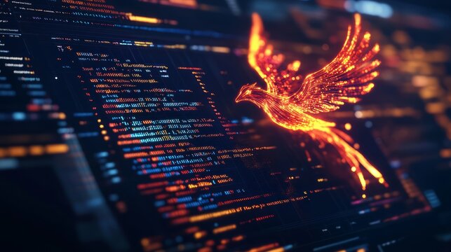 A computer screen displaying phoenix bird code with a digital phoenix bird, symbolizing python programming for data engineering.