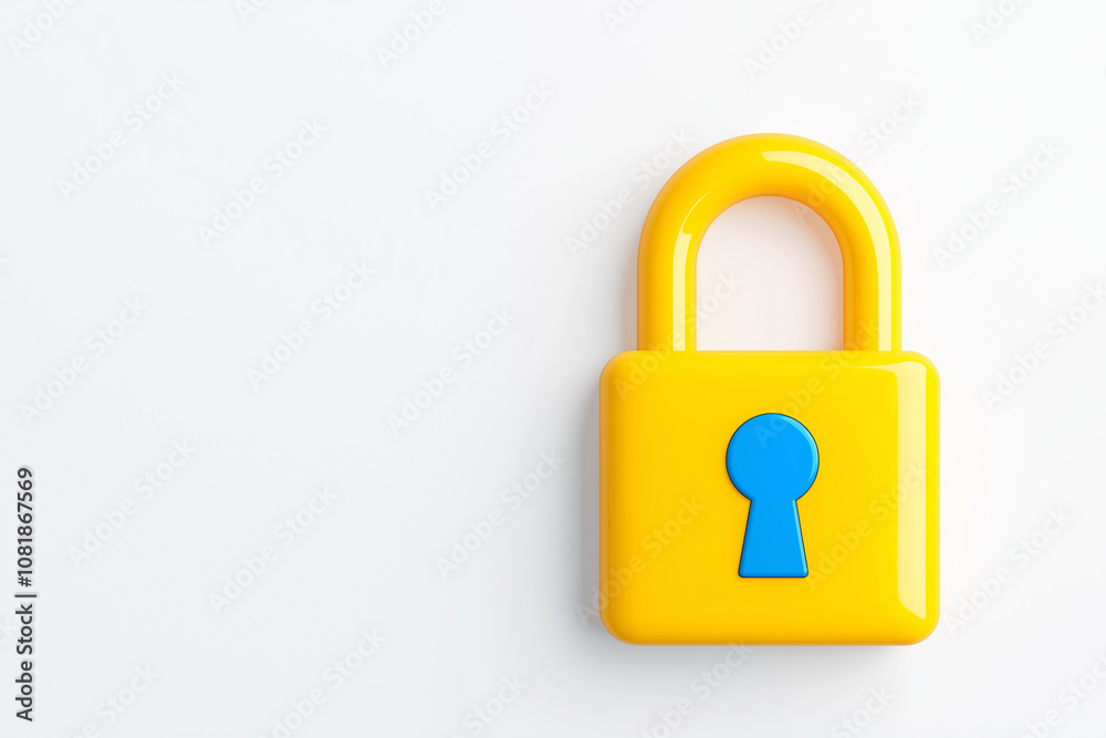 Poster digital lock icon, cyber security symbol, holographic effect, metallic and blue, isolated on white background