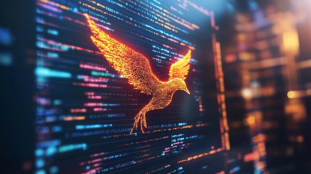 A computer screen displaying phoenix bird code with a digital phoenix bird, symbolizing python programming for data engineering