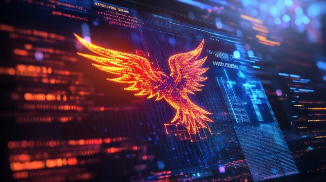 A computer screen displaying phoenix bird code with a digital phoenix bird, symbolizing python programming for data engineering