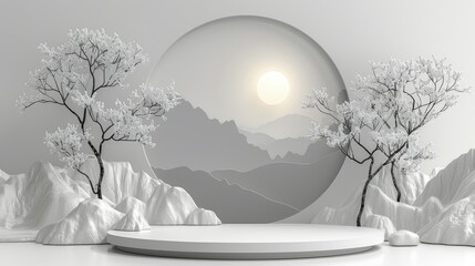 Minimalist white podium with trees and mountains in the background.