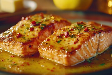 An elegant dinner plate showcasing a beautifully plated seafood dish with a seared salmon fillet, a medley of roasted vegetables, and a garnish of fresh herbs, all set on a fine dining table .