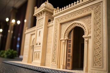 Obraz premium Elegant Beige Entrance in Oriental Style Captured in Macro Photography Against a Dark Background, Showcasing Intricate Details and Textures for Stunning Visual Appeal