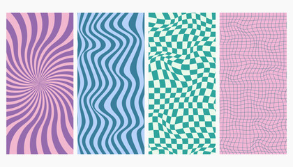 Set of psychedelic checkerboard background with warped grid tile, tunnel, spiral and swirl. Checkered seamless geometric pattern in groovy y2k style. Chessboard poster with twisted or distorted effect