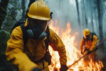 Fototapeta premium Wildfire Crisis Control Team Battling High Flames to Protect Homes and Wildlife