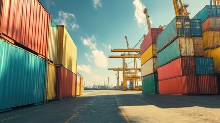 Industrial port with cargo containers and cranes against blue sky