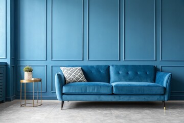 Elegant Blue Wall and Sofa in a Contemporary Interior Mockup Background with Empty Space for Design Projects and Modern Aesthetic Appeal