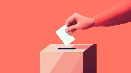 Democratic voting concept, featuring a stylized hand placing a paper ballot into a slot of a ballot box, set against a clean, minimalistic background.