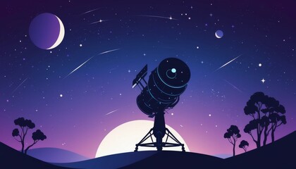Stylized space telescope silhouette observing the night sky with shooting stars and celestial bodies