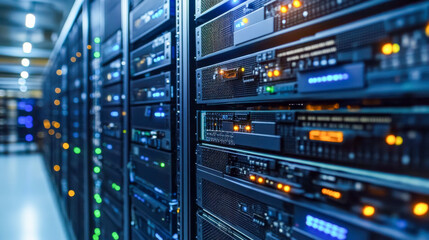 Data servers in a modern data center with glowing led lights at night