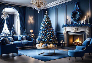 Living room decorated for Christmas with blue theme Christmas tree, fireplace and sofa. Christmas image. Card design.青色のテーマのクリスマスツリーと暖炉とソファーのあるクリスマスの飾りをしたリビングルーム。クリスマスのイメージ。カードデザイン。