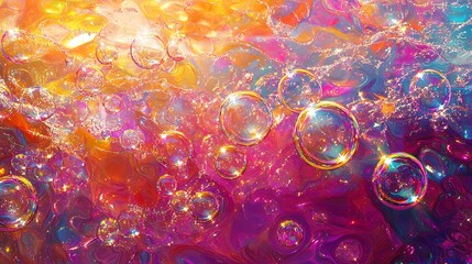 A mesmerizing scene of rainbow bubbles reflecting sunlight, colorful swirls of light, bubbles drifting softly in the breeze, ethereal and playful, sharp details, photorealistic capture, vivid colors,