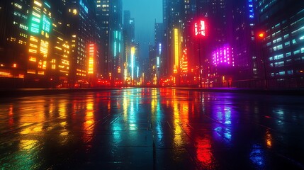 Obraz premium A neon-lit futuristic city, rainbow colors illuminating towering skyscrapers, wet pavement reflecting the vibrant hues, electric and energetic vibe, foggy air enhancing the glow,
