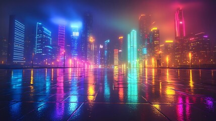 A neon-lit futuristic city, rainbow colors illuminating towering skyscrapers, wet pavement reflecting the vibrant hues, electric and energetic vibe, foggy air enhancing the glow,