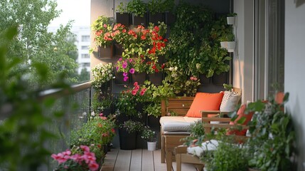 Naklejka premium Comfortable apartment balcony is decorated with green plants creating a cool and calming atmosphere.