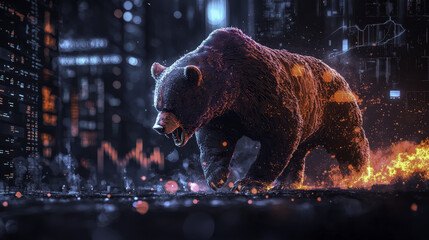 Bull and Bear Martket : fierce bear roaring amidst dynamic urban landscape