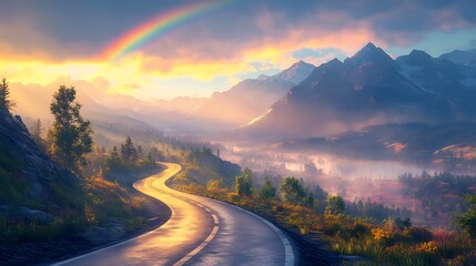 A rainbow spanning across a winding mountain road, sunlight breaking through morning mist, vibrant colors contrasting against the rugged landscape, serene sunrise view, photorealistic detail,