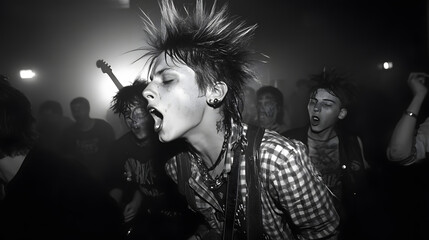 A punk rock concert in a 1980s underground club with mohawked youths moshing in front of the stage.