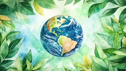 A watercolor painting of earth surrounded by lush green leaves, symbolizing ecosystem conservation and the importance of protecting our planet.