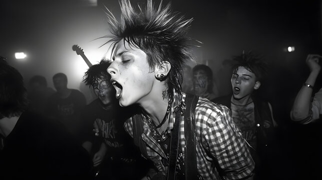 A punk rock concert in a 1980s underground club with mohawked youths moshing in front of the stage.