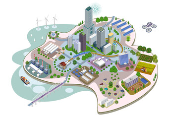 AIと共に進化を続けるスマートシティの街並みイラスト　バリエーションあり