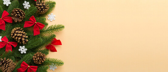 Christmas background with fir branches and Christmas decor. Top view, copy space for text